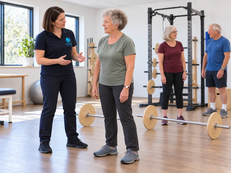 Older adults standing beside resting wooden-disc barbells in an Avanti clinic