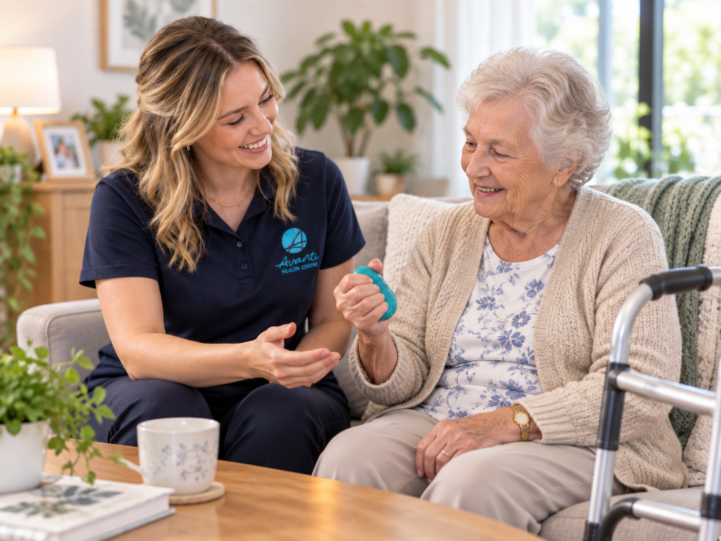 Occupational therapist supporting an older adult with everyday activities at home