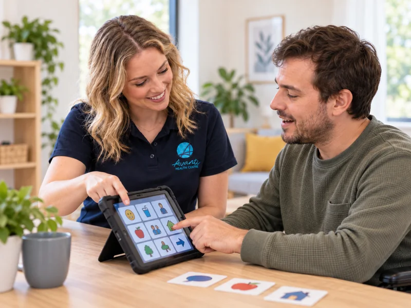 Adult client working on communication goals with a speech pathologist using a pictorial symbol tablet