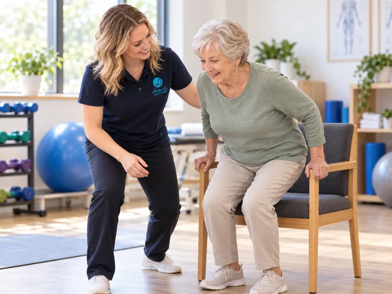Older woman practising a steady sit-to-stand from a sturdy chair while an exercise physiologist observes