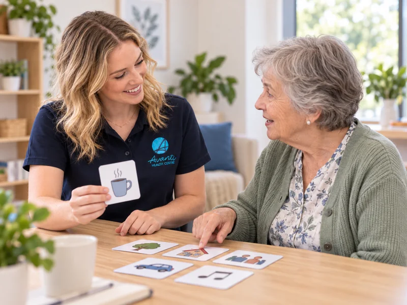 Speech pathologist using illustrated communication cards with an older adult at a consultation table