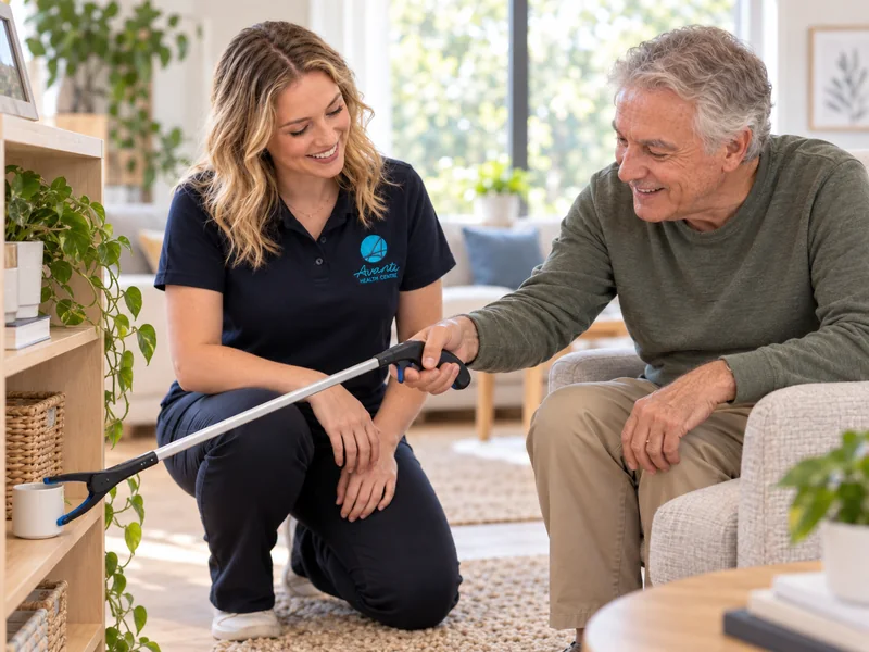 Occupational therapist showing an older man how to use a long-handled reaching aid at home
