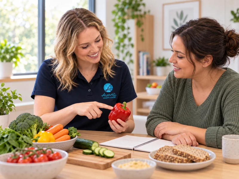 Dietitian discussing everyday food choices with an adult at a consultation table