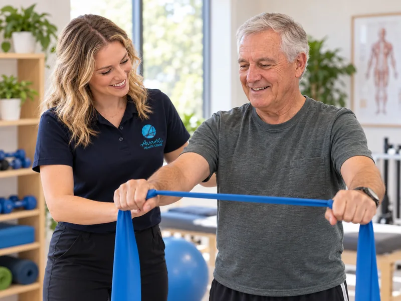 Older man doing a gentle standing resistance-band exercise with an exercise physiologist supervising