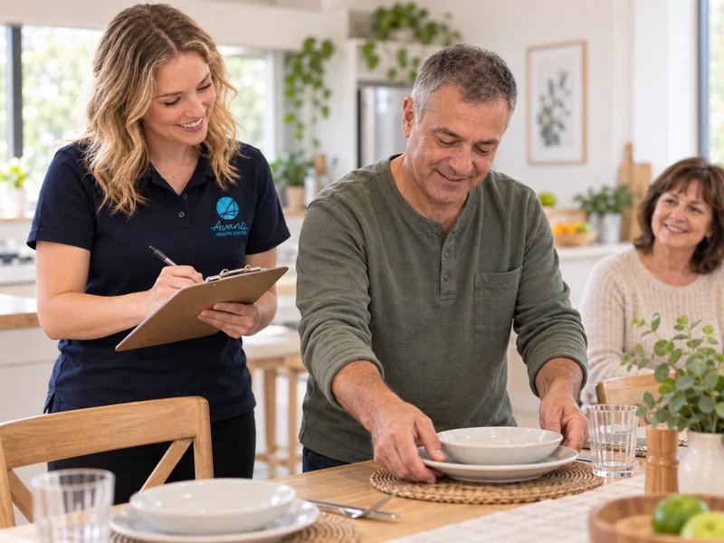 Occupational therapist observing an adult client practise an everyday table-setting task at home