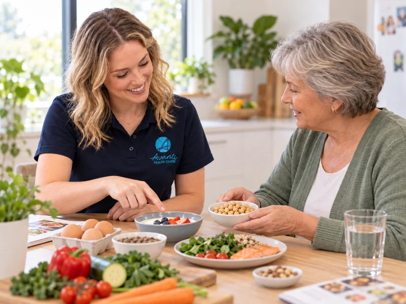 Dietitian and an older woman talking through nourishing everyday meals