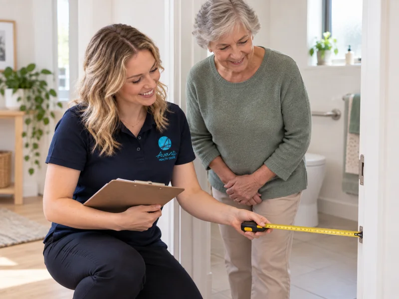 Occupational therapist assessing a doorway with an older adult to plan home modifications