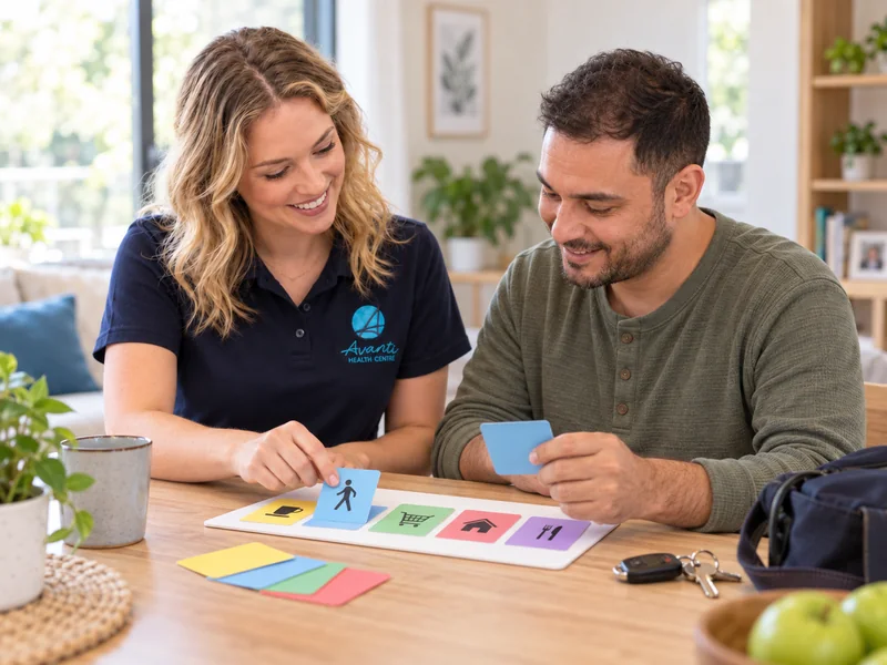 Occupational therapist and adult client planning a daily routine with coloured cards at home