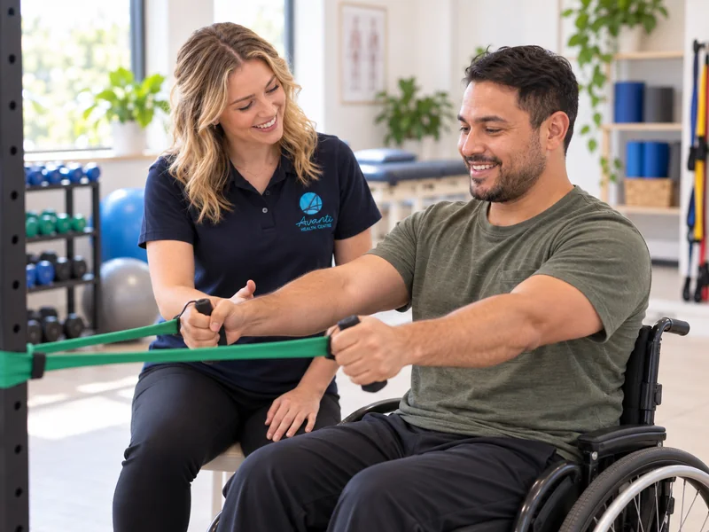 Wheelchair user doing a seated resistance-band exercise with an exercise physiologist coaching alongside