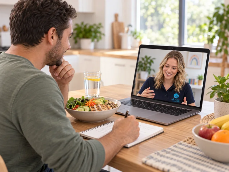 Adult at home discussing food choices with a dietitian on a laptop video call