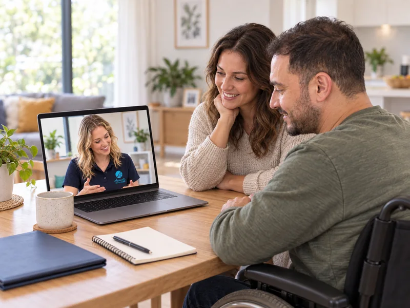 Adult and support person at home in a video assessment with an occupational therapist on a laptop