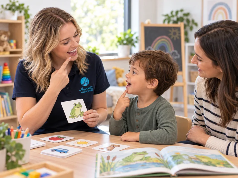 Speech pathologist, child and parent sharing picture cards and a storybook in a children's therapy room