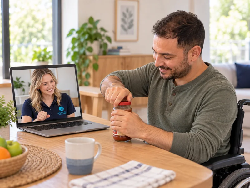 Adult doing a daily-living activity at home while an occupational therapist joins by video call on a laptop