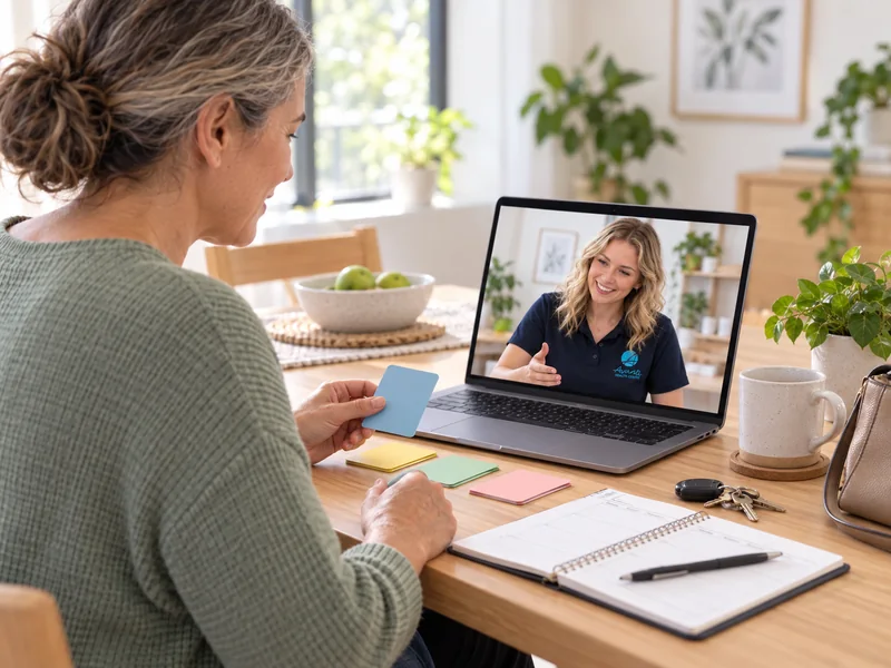Adult planning daily routines at home with an occupational therapist on a laptop video call