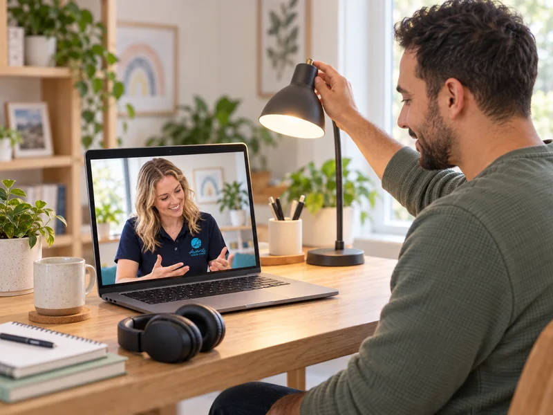 Adult adjusting a desk lamp at home while an occupational therapist discusses sensory support by video call