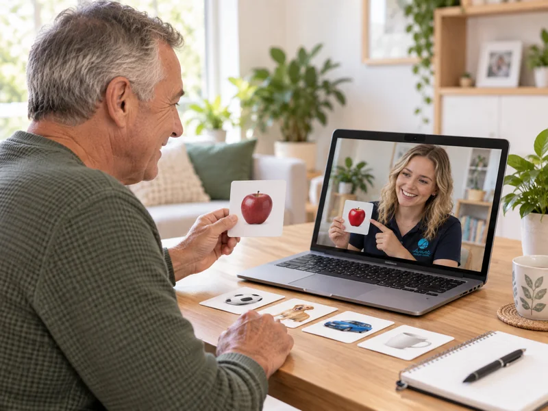 Adult practising a communication activity at home while a speech pathologist joins by video call on a laptop