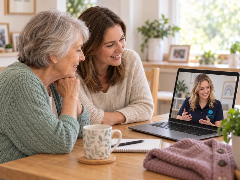 Older woman and family member talking with an occupational therapist by video call at home