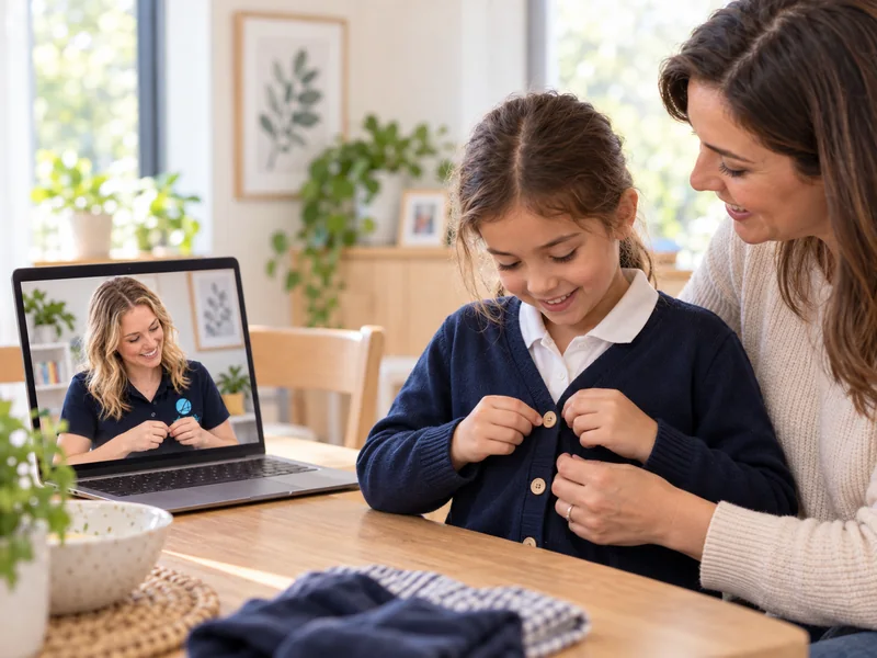 Parent helping a child practise buttoning a cardigan while an occupational therapist joins by video call