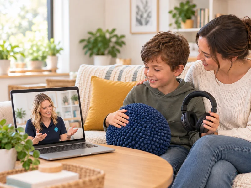 Parent and child choosing between a soft cushion and headphones while a therapist coaches by video call