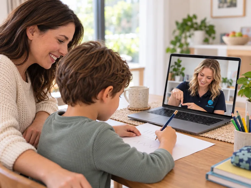 Parent supporting a child practising pencil strokes at home while an occupational therapist guides by video call
