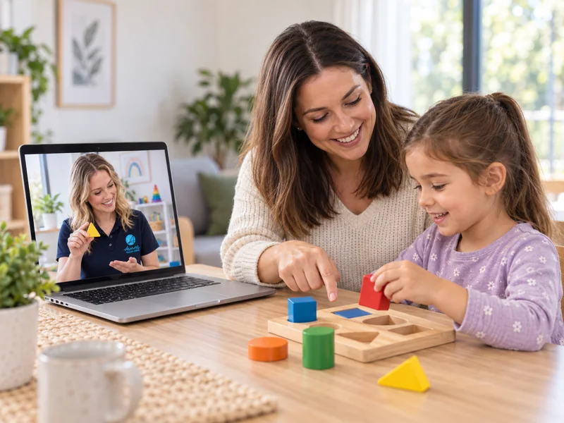 Parent and child doing a shape-sorting activity at home while a paediatric occupational therapist joins by video call on a laptop