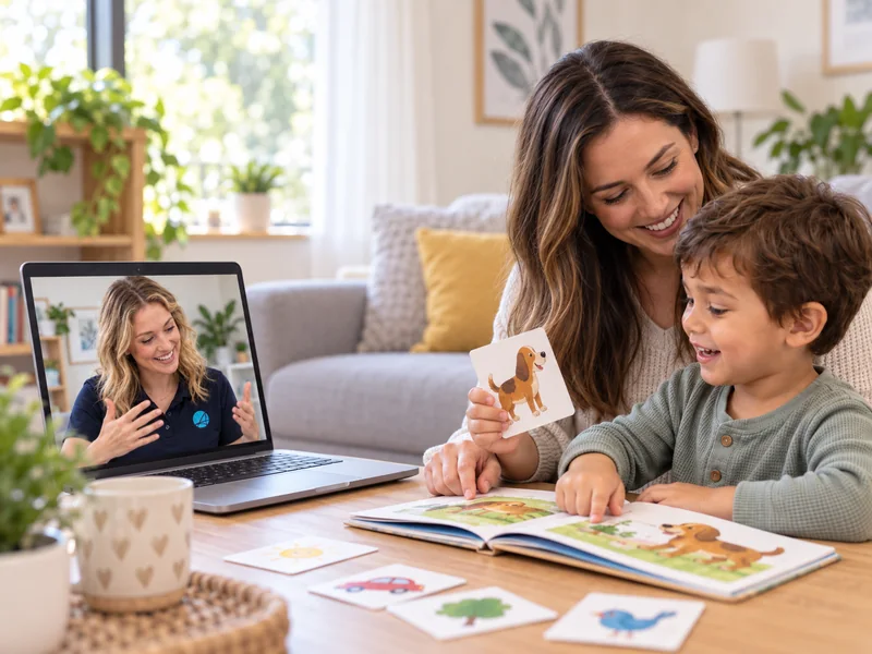 Parent and child sharing a storybook at home while a speech pathologist coaches by video call on a laptop
