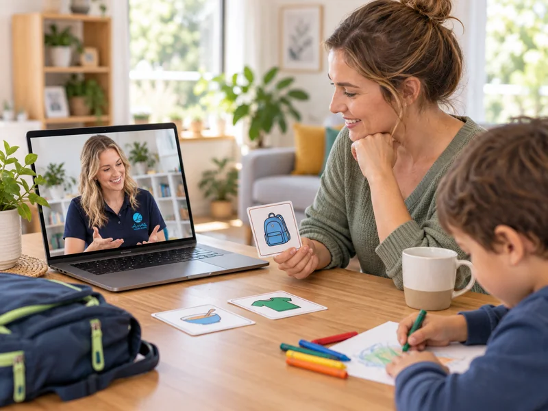 Parent talking with an occupational therapist by video call about home routines
