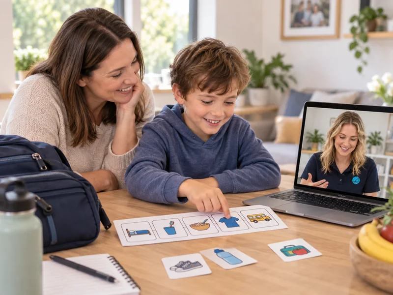 Parent and child reviewing a morning routine at home while an occupational therapist joins by video call