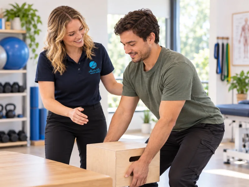 Worker doing a controlled light box lift while an exercise physiologist supervises in a rehabilitation space
