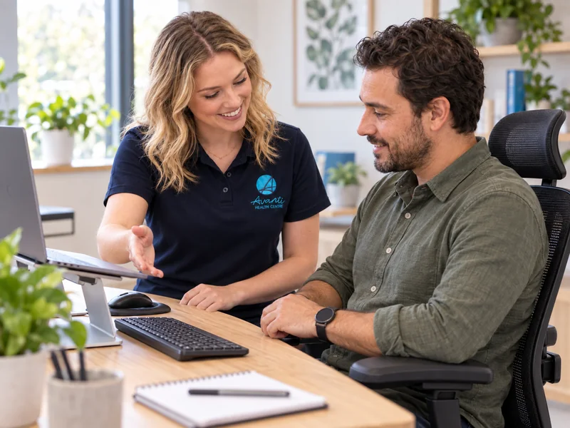 Occupational therapist discussing workstation adjustments with a worker at an office desk